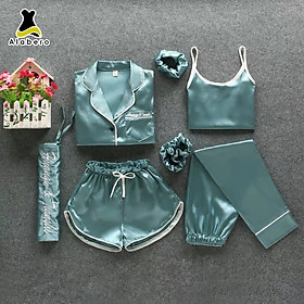 Bộ đồ lụa nữ màu Xanh dương mặc nhà siêu đẹp, sang chảnh, 1 bộ lên tới 7 chi tiết