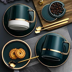 Mua Cốc cà phê sứ phong cách Bắc Âu tặng kèm đĩa sứ xanh  thìa inox 304 mạ vàng
