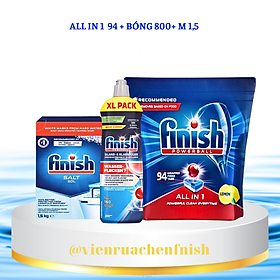 Combo 94 Viên rửa bát Finish All in 1 + Muối Finish 1,5kg + Nước làm bóng Finish 750ml