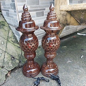 Mua Cặp đèn để bàn thờ gỗ xà cừ màu đen vẽ vân siêu đẹp-cặp đèn tổ ông cao 41cm