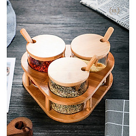 Mua Bộ 3 hũ đựng gia vị thuỷ tinh chịu nhiệt khay gỗ tam giác