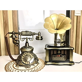 Bô Combo Sản Phẩm Máy Phát Nhạc Loa Kèn Đồng + Điện Thoại Bàn Dùng SIM DI ĐỘNG nghe Gọi