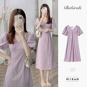 SHUANGYAN Váy dài cổ chữ V màu trắng dịu dàng kiểu Pháp, váy dài cổ chữ V màu tím, con cái Hạ Độc đáo, thắt lưng, tay áo bong bóng, váy liền áo