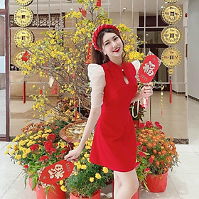 Đầm xèo đỏ cổ tàu giọt nước phối tay voan