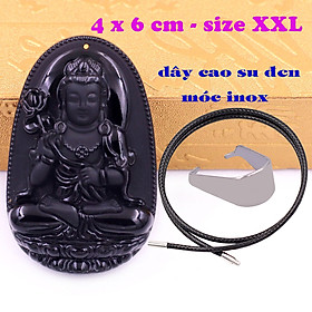 Mặt Phật Đại thế chí đá thạch anh đen 6 cm kèm vòng cổ dây cao su đen - mặt dây chuyền size lớn - XXL, Mặt Phật bản mệnh