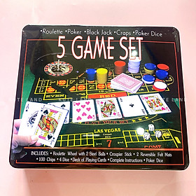 Bộ Phỉnh Set 5 Game Chip Poker Không Số Hộp Sắt Cao Cấp Kèm Thảm Texas Holdem Hold'em Blackjack Full Hộp PK