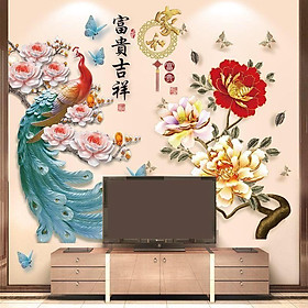 DECAL DÁN TƯỜNG TRANH CÔNG VÀ MẪU ĐƠN VÀNG KIM ĐỎ
