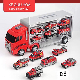 Đồ chơi ô tô xe tải container cho bé vận chuyển 6 xe mini cứu hỏa, cảnh sát