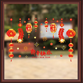 Decal dán kính trang trí chào Xuân Tân Sửu- Dây đèn lồng chào xuân- mã sp AMJ922