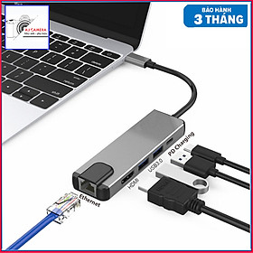 Hub chuyển đổi USB-Type C 5in1 tích hợp cổng mạng Lan , cổng sạc nhanh PD Type C 3.0, 2 cổng  USB 3.0 và cổng HDMI chuẩn 4K dành cho Macbook, SamSung Dex, HP, Acer, Asus