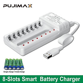 Pujimax sạc pin sạc đầu ra USB 8 khe bảo vệ ngắn mạch sạc nhanh phù hợp với công cụ pin AAA/AA Màu sắc: Đen