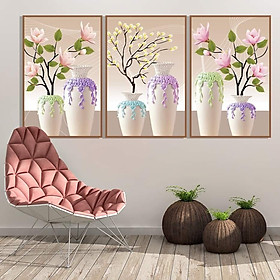 Tranh dán tường 3D Bộ 3 bình hoa đẹp
