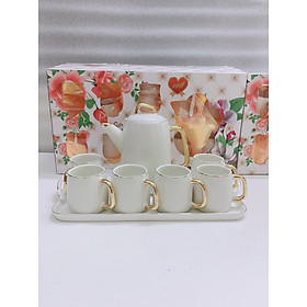 Mua BỘ BÌNH TRÀ CÀ PHÊ KÈM  KHAY SỨ TRẮNG VIỀN VÀNG CAMELIA - ANTH410