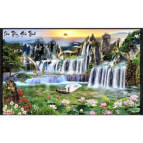 Mua tranh phong cảnh sơn thuỷ hữu tình dán tường 3d. tranh in vải lụa chất liệu siêu bền  kèm keo
