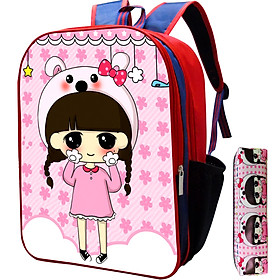 Balo 2 Tầng Cấp 1 Cho Bé Gái Hình Chibi Màu Hồng Phấn MH2T104 Tặng Kèm Hộp Bút Chibi Màu Hồng Phấn