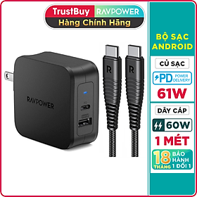 Mua Combo RAVPower Củ Sạc Điện Thoại USB Type-C 61W RP-PC105 + Dây Cáp Sạc Type C to Type C RP-CB047 - Hàng Chính Hãng