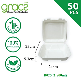 Combo 50 cái Hộp giấy bã mía Thái Lan Clamshell 9 inch 1.800ml - thương hiệu Gracz