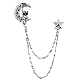 Men Elegant Lapel Pin Badge with Chain, Crystal Owl Tassels Brooch Pin for Suit Tuxedo