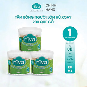 Tăm Bông Niva Cho Người Lớn Hũ Xoay 200 Que Thân Gỗ WO1 Bông Tự Nhiên Thuần Khiết An Toàn