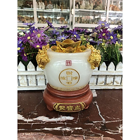 Mua Hủ vàng  Bát Tụ Bảo  Bát tụ tài phong thủy đá bạch ngọc chiêu nạp tài lộc đặt bàn thờ thần tài thổ địa - Cao 15 cm