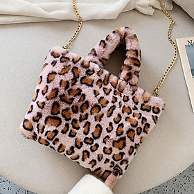 Women Faux Fur Tote Shoulder Bag Handbag Furry Leopard Animal Print Top Handle Crossbody Bag with Metal Chain Strap