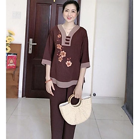 Đồ Lam Đi Chùa # Chữ Y Thêu Hoa SaLa Vải Đũi