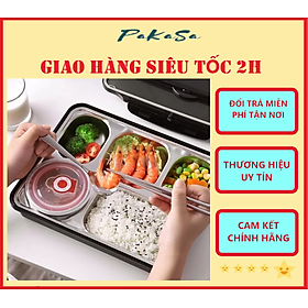 Khay Cơm, Cà Mèn Đựng Đồ Ăn 5 Ngăn Bằng Inox Kèm Đũa Muỗng Có Nắp Đậy - Hàng Chính Hãng