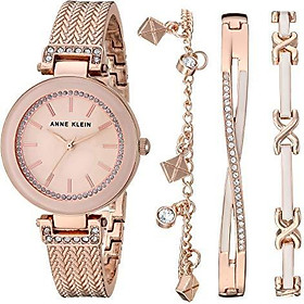 Anne Klein Women's Swarovski Crystal Accented Rose Gold-Tone Textured Bangle Watch and Bracelet Set, AK/3394BHST