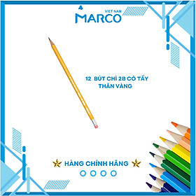 Hộp 12 Bút Chì 2B Marco Thân Vàng Có Tẩy - Bút chì phù hợp thi trắc nghiệm, ngòi chì mềm dễ chuốt, tập viết