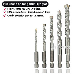 Bộ 5 mũi khoan bê tông chân lục giác, khoan gạch, mũi khoan tường chuôi lục giác 6.35mm, thép Crom Molipden siêu cứng