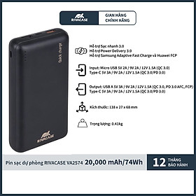 Mua Pin Dự Phòng Sạc Nhanh Rivacase VA2574 20.000mAh Quick Charge 3.0 - Hàng Chính Hãng