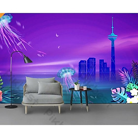 Tranh dán tường Tranh phong cảnh sứa biển, tranh dán tường 3d hiện đại (tích hợp sẵn keo) MS758855
