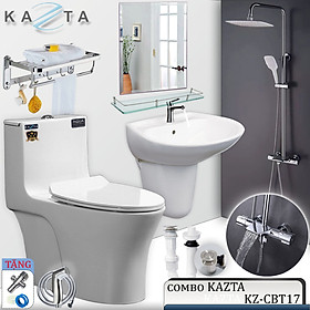 Combo Thiết Bị Nhà Tắm Cao Cấp KAZTA KZ-CBT17: Bồn Cầu 1 Khối-Bộ Lavabo Chân Treo-Sen Tắm Đứng Chỉnh Nhiệt-Gương Và Kệ Gương-Kèm Bộ Phụ Kiện Nhà Tắm