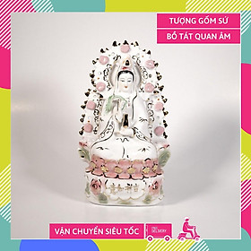 Mua Tượng Phật Bà Quan Âm Bồ Tát gốm sứ ngồi tòa sen hào quang cao cấp - Cao 20cm