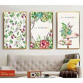 Mua Bộ 3 TRANH TREO TƯỜNG PHÒNG NGỦ TIỆM TRANH 9116 Mẫu tranh canvas hoa lá trang trí phòng ngủ  đặt in theo mẫu yêu cầu