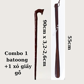 Combo  Batoong chống trượt cho người già -đầu rồng-gỗ xà cừ tự nhiên Cây xỏ giầy gỗ muồng đên 55cm