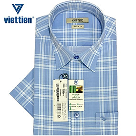 Viettien - Áo sơ mi nam ngắn tay xẻ tà vạt ngang Bamboo spun regular Ca rô 6S0148