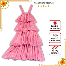 HÀNG QUẢNG CHÂU - ĐẦM MAXI 2 DÂY 4 TẦNG NƠ LƯNG MÀU HỒNG SANG CHẢNH - D153330