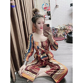 Đồ Bộ Mặc Nhà Nữ Set Bộ Quần Ống Rộng Kết Hợp Áo Yếm, Họa Tiết Thổ Cẩm Cột Nơ Chất Voan Cực Mát