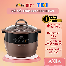 Nồi nấu chậm tử sa đa năng 4.5L Bear DDZ-B45Z1 - Tặng kèm 1 Thố sứ lớn và 4 Thố sứ nhỏ, Hầm thức ăn mềm, Hẹn giờ - Hàng Chính Hãng