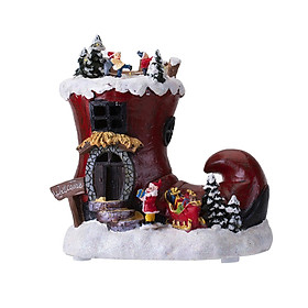 Rotating Boot House Music Box Christmas Ornament Table Centerpiece with Light Santa Claus Figurines for Home Dorm Restaurant