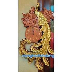 Đồng hồ treo tường khắc chim công gỗ hương đá 36x66x3cm