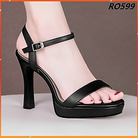 Giày sandal nữ cao gót 9 phân hàng hiệu rosata đẹp màu đen da mềm ro599