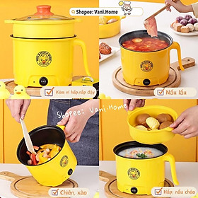 Nồi lẩu mini chống dính kèm khay hấp 18cm hình VỊT VÀNG cute - Nồi lẩu điện đa năng, ca nấu mì vịt vàng có tay cầm