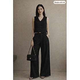 Set áo gile Linen mix quần suông ống rộng nữ phong cách retro Hàn Quốc trẻ trung bv10