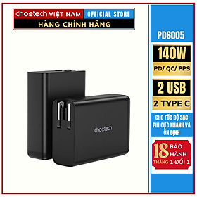 Củ sạc nhanh GAN 140w đa năng chân cắm có thể gấp gọn và thay đổi CHOETECH PD6005 (Hàng chính hãng)