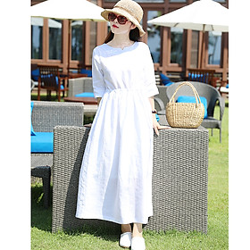 Đầm suông linen nữ chiết eo trẻ trung ArcitcHunter, thời trang xuân hè 2021 - Trắng