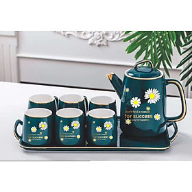 Bộ ấm chén kèm khay sứ pha trà cà phê Xanh cổ vịt họa tiêt hoa cúc xinh xắn - ANTH241