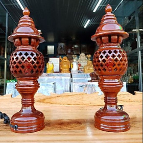 Cặp đèn thờ gỗ tràm bông vàng cao 34 cm