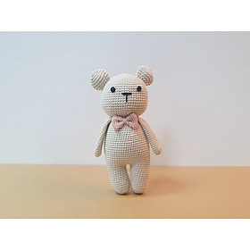 Thú len handmade amigurumi, đan móc thú len. Gấu xám nơ hồng đáng yêu quà tặng an toàn cho bé